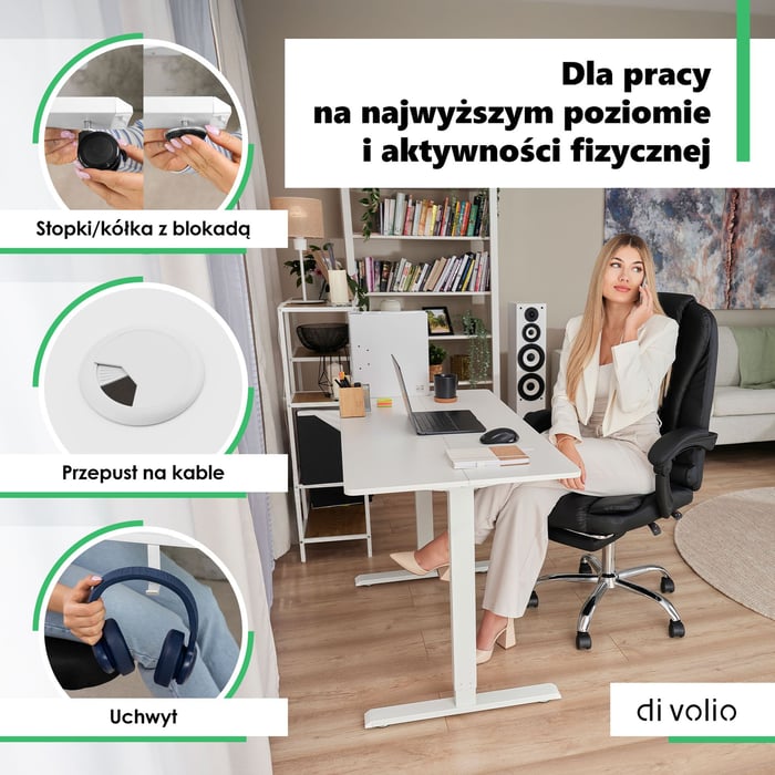 Przestronny blat o wymiarach 120 × 60 cm, wykonany z laminowanej płyty wiórowej