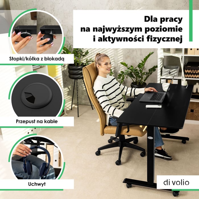 Przestronny blat o wymiarach 120 × 60 cm, wykonany z laminowanej płyty wiórowej