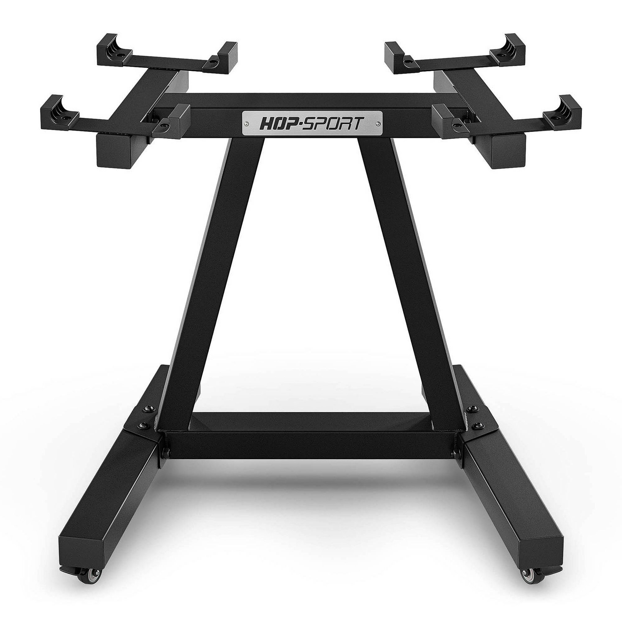 Roulettes pivotantes avec système de freinage pour déplacer le support d'haltères.