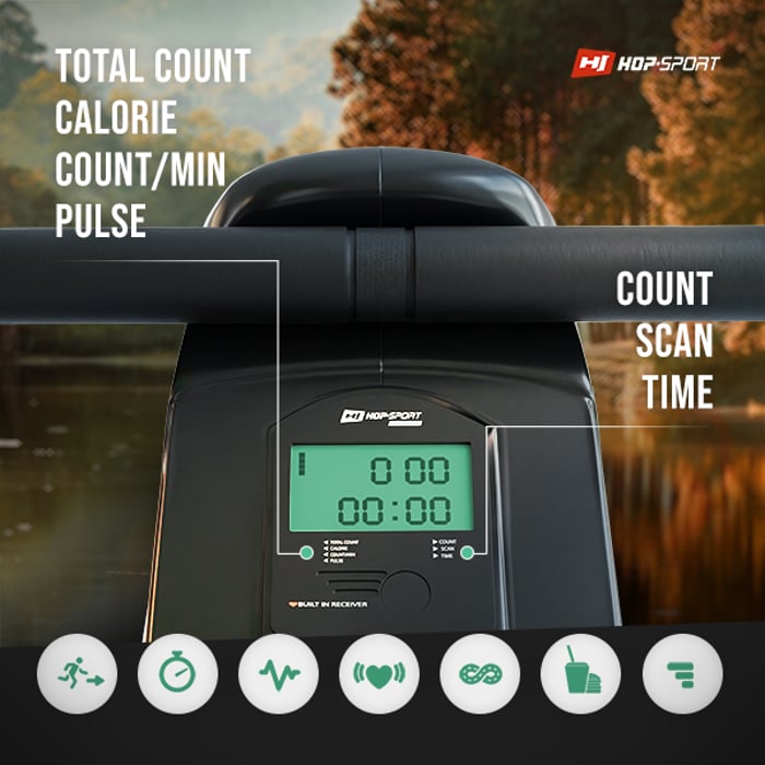 Rudergerät mit Multifunktions-Boarddisplay für Kalorien-, Puls- und Zeitmessung