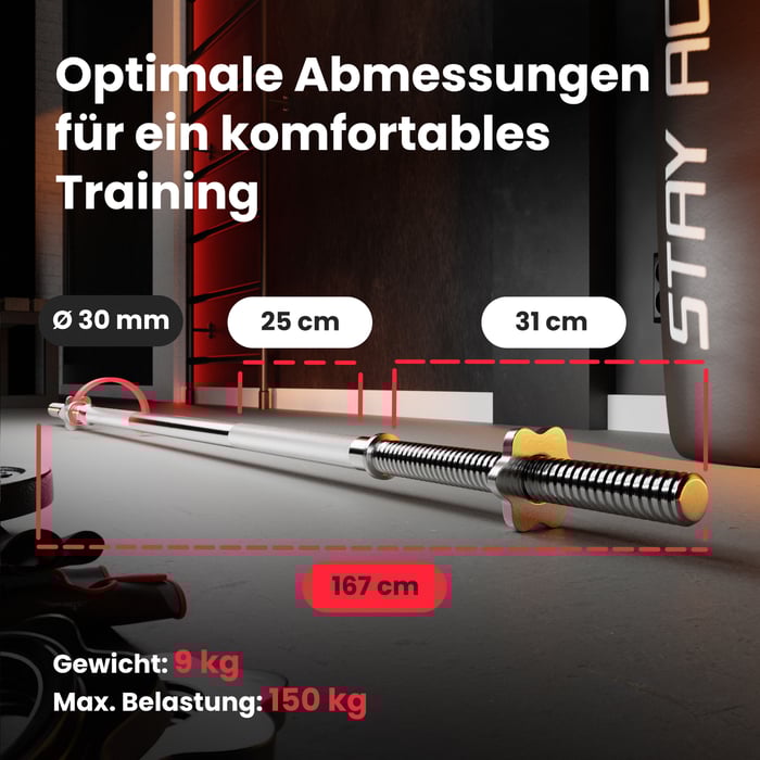 Langhantelstange 167 cm, 30 mm Durchmesser, maximale Belastung 150 kg