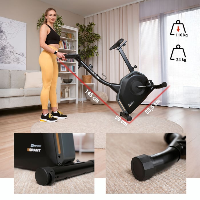 Kompakter Heimtrainer für Zuhause mit idealem Maß für kleine Räume und mit Transportrollen