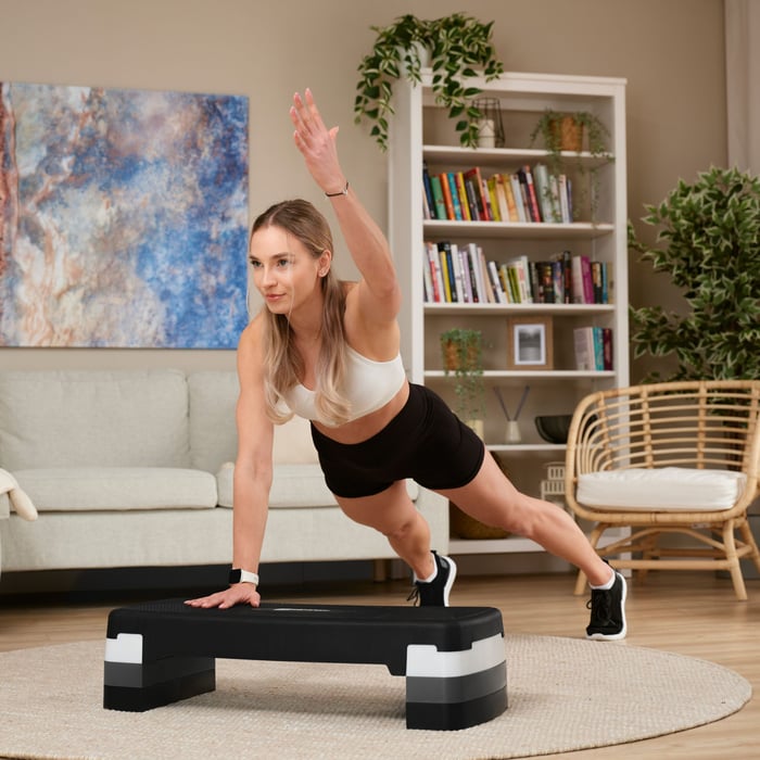 Hop-Sport Stepper – compacte step voor thuistraining met full-body workout.