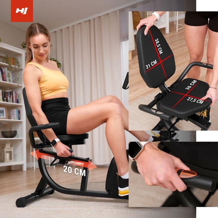 Der Liegeergometer hat der ergonomische Sitz mit horizontaler Höhenverstellung, ideal für längere Trainingseinheiten