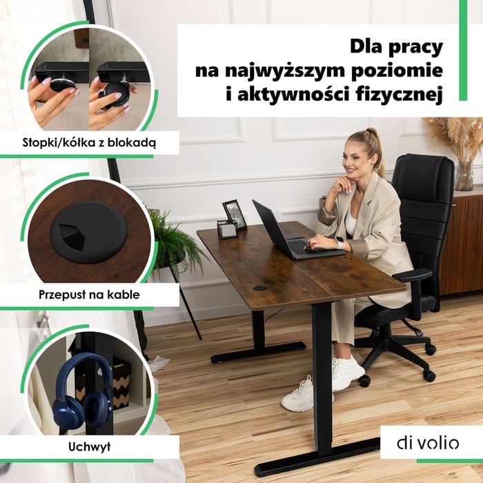 Przestronny blat o wymiarach 120 × 60 cm, wykonany z laminowanej płyty wiórowej