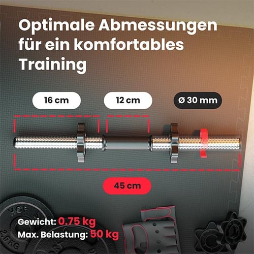 Kurzhantelstange 45 cm, 30 mm Durchmesser, max. Belastung 50 kg