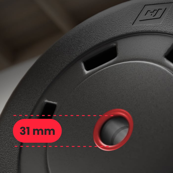 Close-up van halterschijf met 31 mm gatdiameter