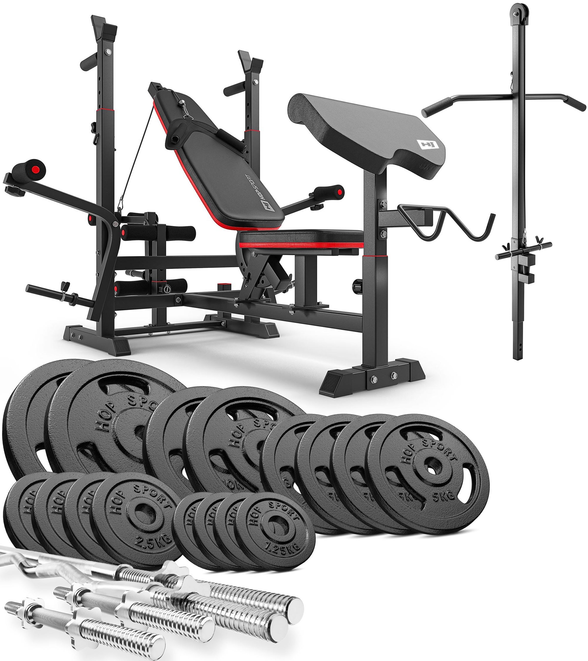 Strong 116 kg Cast Iron Barbell Set with HS-1075 Weight Bench
