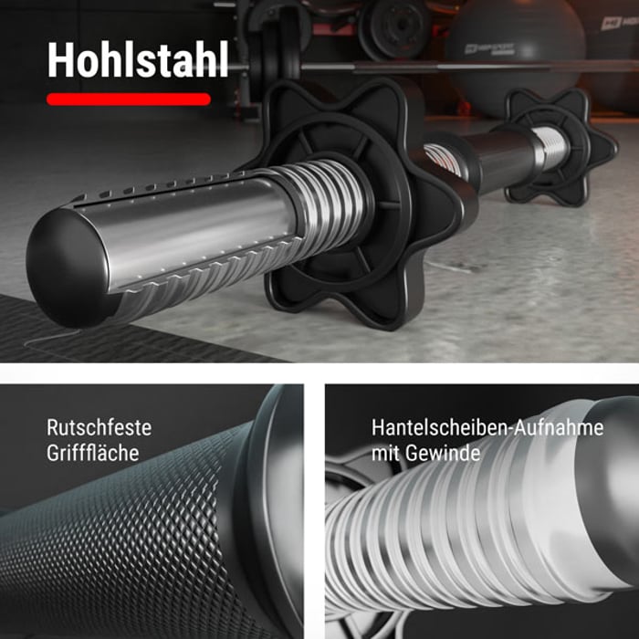 Hohlstahl-Kurzhantelstange mit rutschfester Grifffläche und Gewindeaufnahm