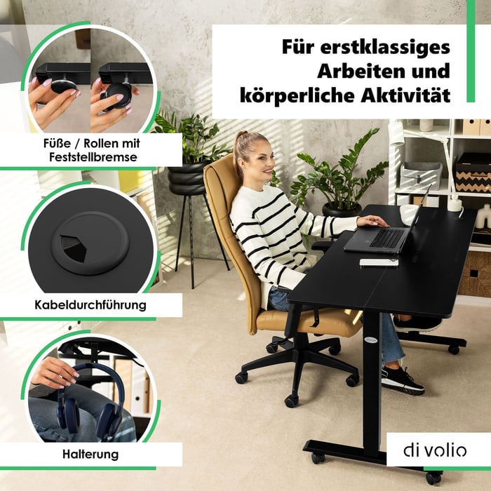 Große, schwarze Arbeitsplatte beim Bürotisch Amone von di volio