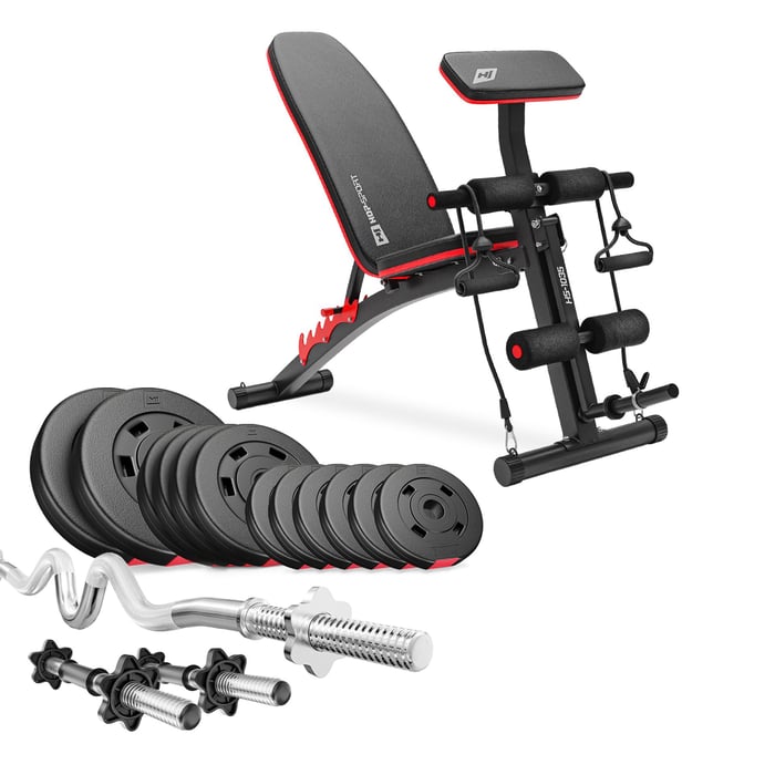 Halterbank HS-1035 met 36 kg halterschijven-set en lange halterstang