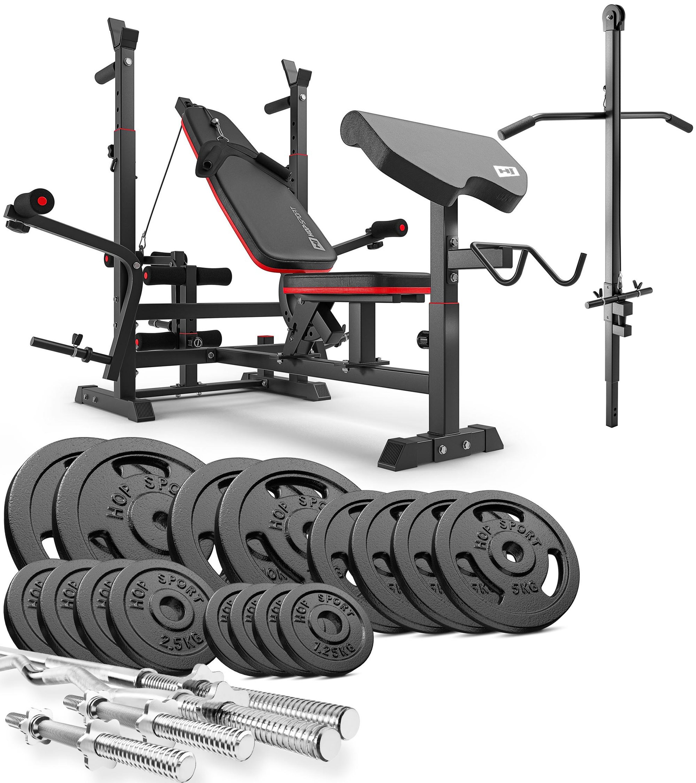 Strong 106 kg Cast Iron Barbell Set with HS-1075 Weight Bench