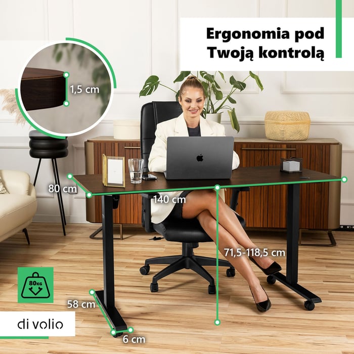 Biurko Rapalo wyróżnia solidna i wytrzymała konstrukcja o maksymalnym udźwigu 80 kg