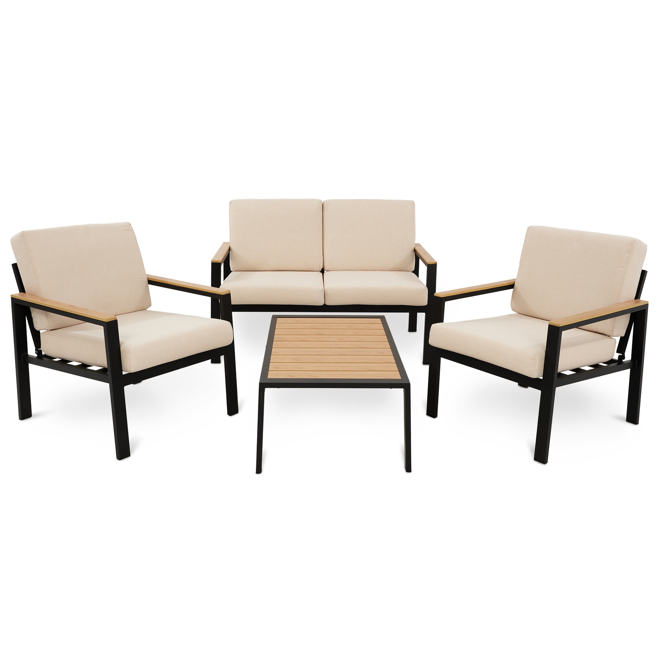 Fotele i sofa w zestawie Merano wyposażone są w eleganckie, beżowe poduchy dopasowane do rozmiaru siedzisk i oparć